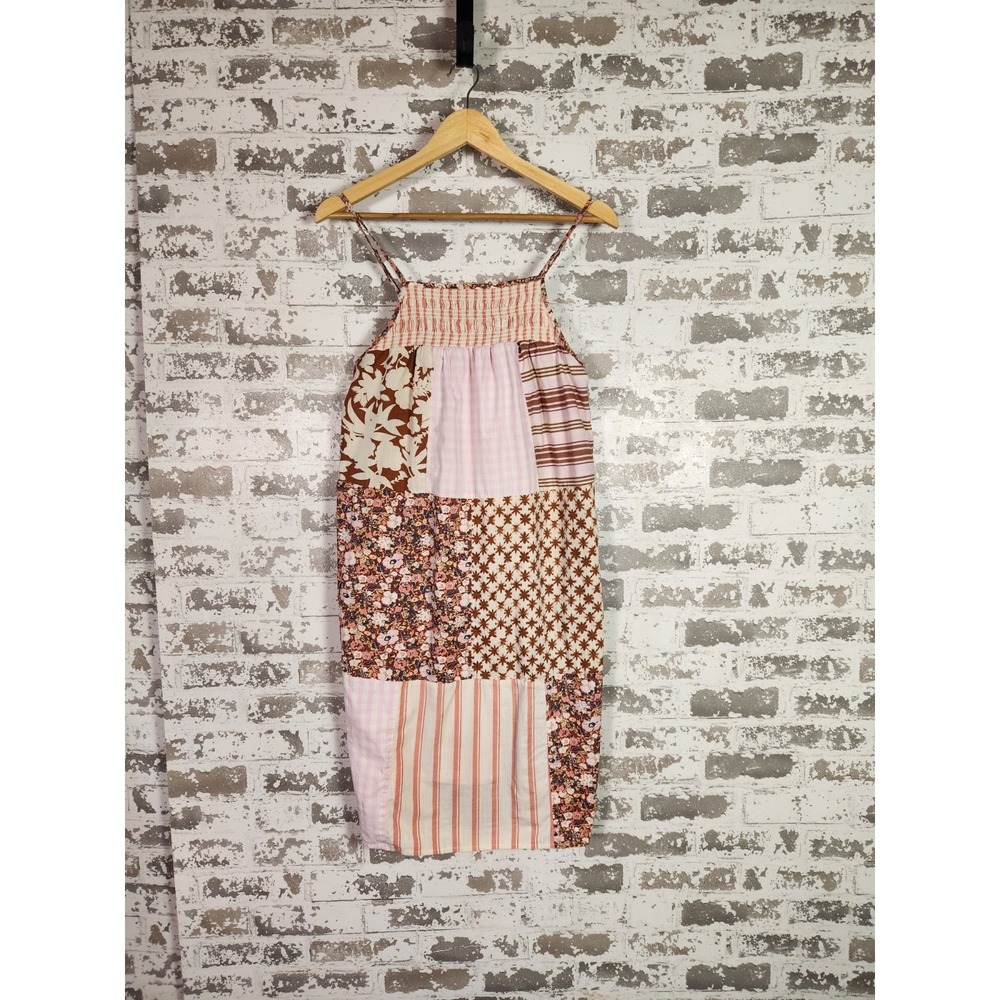 Boho Tiered Floral Patchwork Midi Dress Medium Pink Sleeveless Cottagecore Beach